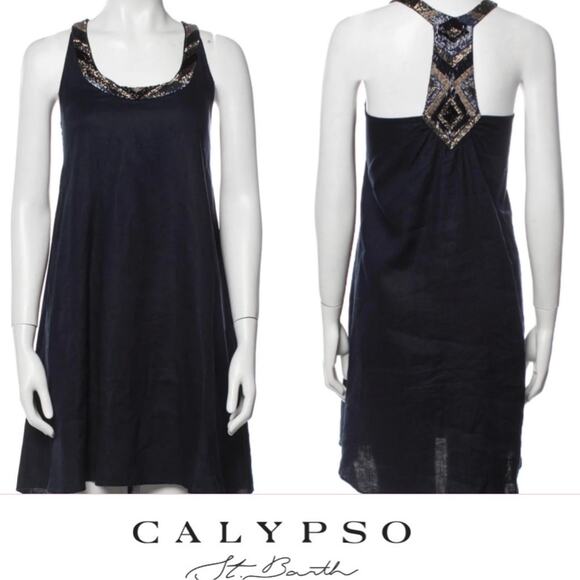 Calypso St Barth Navy Blue Linen Beaded Sequin Summer Formal Neck Tank Dress XS - Picture 1 of 14